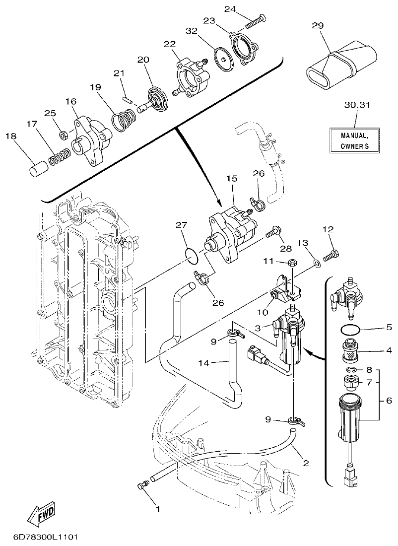 Yamaha F80BET, F100DET FUEL parts diagram
